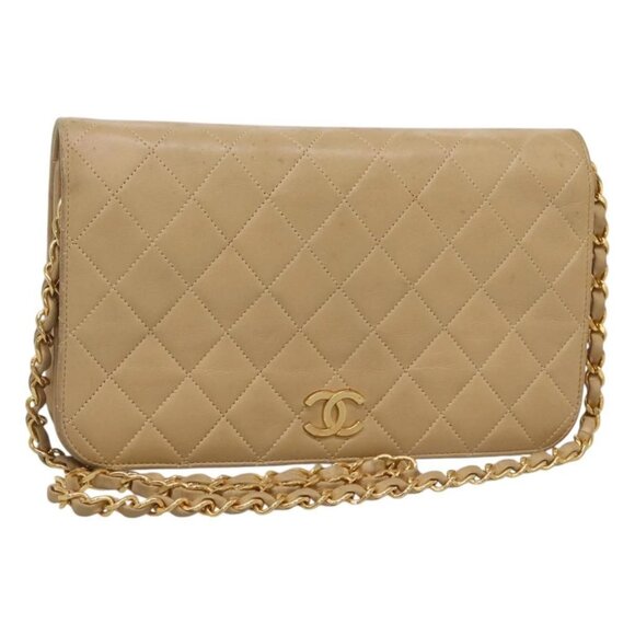 CHANEL Matelasse Chain Shoulder Bag Lamb Skin Beige Gold CC Auth KD454 - Picture 1 of 16